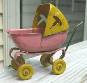 Vintage Tin Toy Baby Buggy Pram made in USA Wooden Wheels
