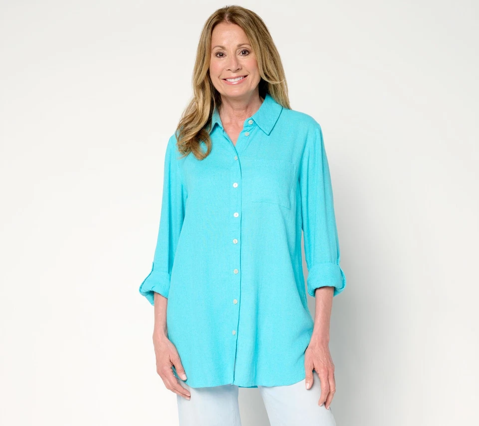 Denim & Co. Túnica regular de linho mescla botão frontal azul água transparente M nova - Imagem 1 de 1