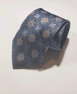 Vtg Jos A Bank Signature Tie 60" Blue Gold Medallion Geometric Silk - Image 1 of 4