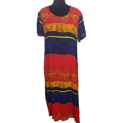 La Cera Stripe Kaftan Boho MuuMuu Colorful Lounge Dress Rayon Hippie Artsy M - Image 1 of 4