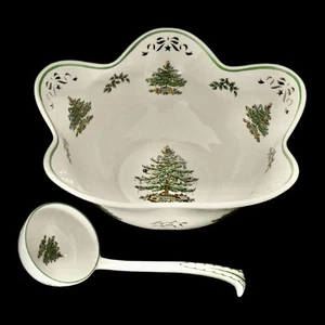 Spode NIB Christmas Tree 14” Scalloped Punch Serving Set Bowl w/ Ladle 660468 - Picture 1 of 7