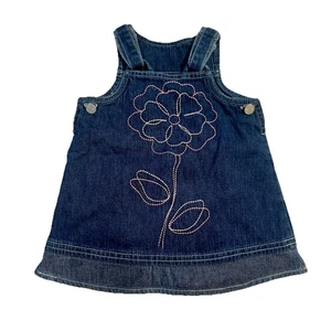 Faded Glory Denim Overall Dress 12M Pink Flower Embroidery Jumper Baby Girl - Picture 1 of 8