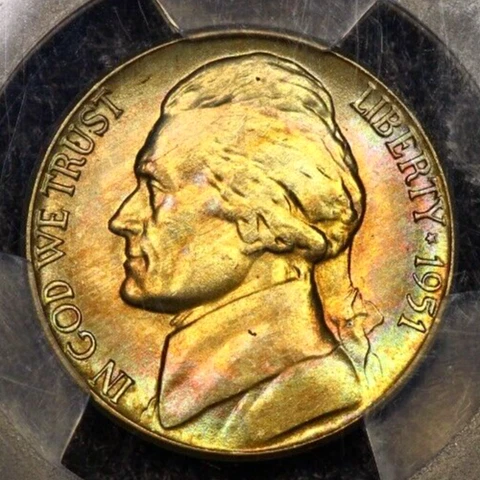 True Rainbow Toned PCGS MS65 1951 D Jefferson Nickel 5c Two Sided PQ Color Cover