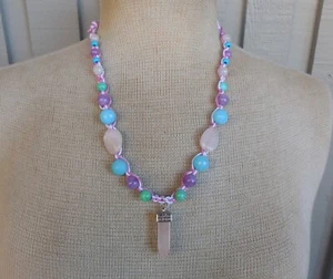 Rose Quartz Crystal Point Adjustable Hemp Necklace Jewelry w Larimar Stone Beads - Picture 1 of 12
