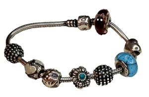 Pandora Silver 925 Snake-Chain Sig Clasp Bracelet w/ 6 Charms Murano Turquoise - Picture 1 of 10