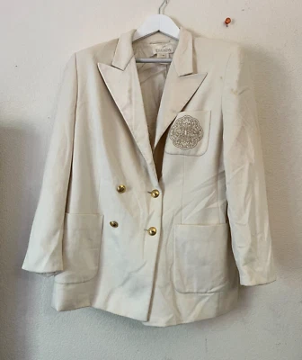 Escada Margaretha Ley Women Angora Wool Blend Double-Breasted Blazer 44 Ivory - Image 1 of 4