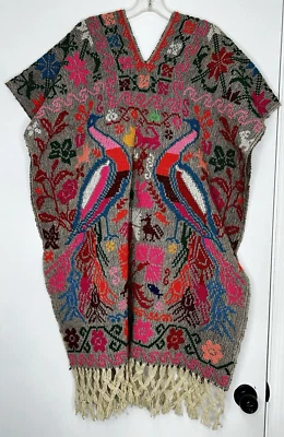 Vtg Handmade Mexican Colorful Embroidered Cross Stitch Peacock Poncho Gaban - Image 1 of 4