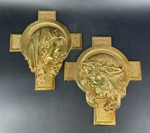 Pair Brass Crucifix Jesus Crown Of Thorns Mary Blessed Mother Pat Pending Wall - Picture 1 of 6