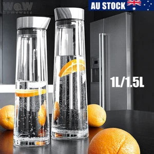 1L/1.5L Glass Water Bottle Stainless Lid Carafe for Water Juice Wine Beverage - Picture 1 of 8