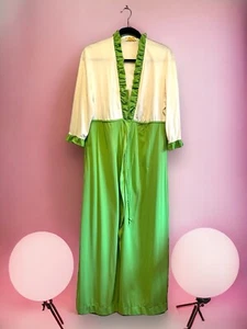 1970s JCPenney Nylon Robe M Green & Cream Ruffle Lounge Gown Peignoir Vintage - Picture 1 of 11
