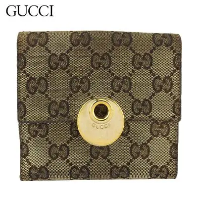 Gucci W Hook Bifold Mini Wallet Ladies Eclipse GG Canvas Beige Brown Gold Used • 199€
