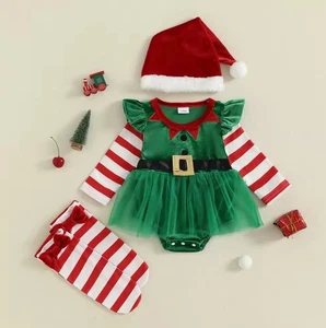 NEW Christmas Elf Baby Girls Velour Romper Jumpsuit Dress Hat & Socks Outfit Set - Picture 1 of 3