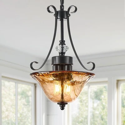 Lámpara de araña de 3 luces, lámpara colgante negra de granja con vidrio ámbar, anuncio... Foto 1 de 4