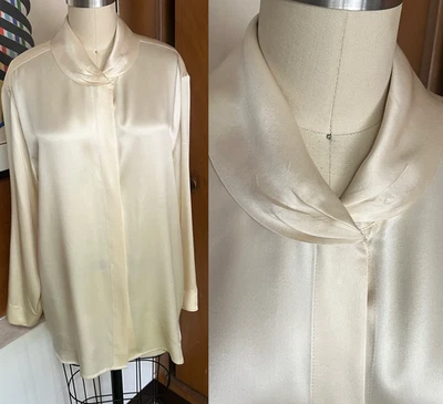 Blusa De Colección Barry Bricken Seda Marfil Botón Talla M Cuello Chal Botón Oculto Foto 1 de 4