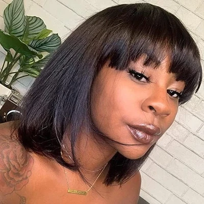 Short Bob Human Hair Wigs with Bangs No Lace Front Wigs Brazilian Straight Hair - Image 1 of 4