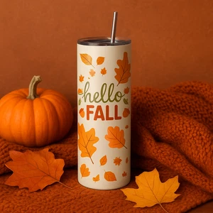 Hello Fall 20oz Skinny Tumbler – Autumn Leaves Design - Picture 1 of 8
