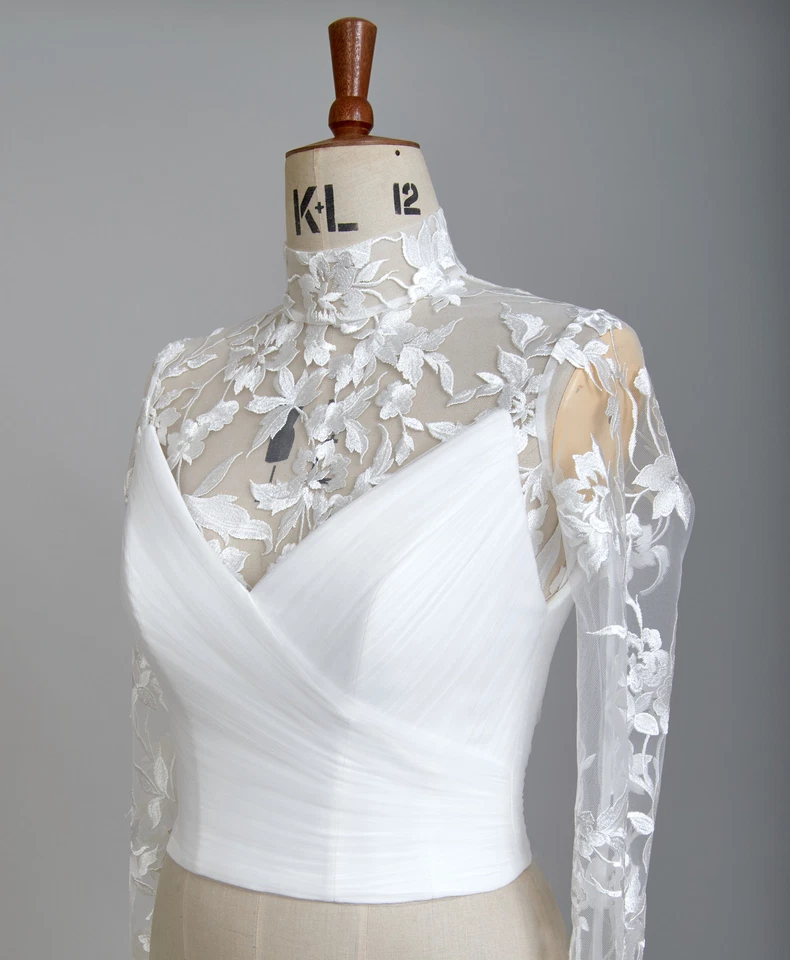 Wedding Floral Wraps Jacket Long Sleeves Applique High Collar Bridal Boleros - Image 1 of 4
