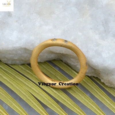 Pave Diamond Band Ring Matte Finish 925 Sterling Silver Gold Plated Jewelry - Image 1 of 4