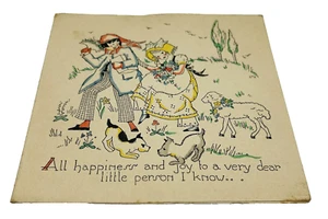 Vintage 40er Jahre Geburtstagskarte Lithographie Ephemera Junge Mädchen und Hunde - Bild 1 von 8