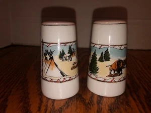 Vintage Porcelain Salt & Peppers Shakers-Teepees & Buffalo Scene 3" Tall - Picture 1 of 6
