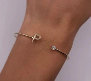 Real Moissanite 2Ct Round Cut Initial "P" Letter Bracelet 14K Yellow Gold Plated - Picture 1 of 5