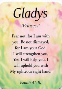 Tarjeta de significado de nombre de recuerdo Gladys "Princesa" con verso - Imagen 1 de 2
