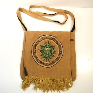 Gypsy Rose Embroidered Hobo Purse Bag Weed Fringe Tan Green