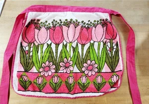 Vintage 70s Terry Cloth Half Apron Made In USA Spring Tulips - Picture 1 of 6