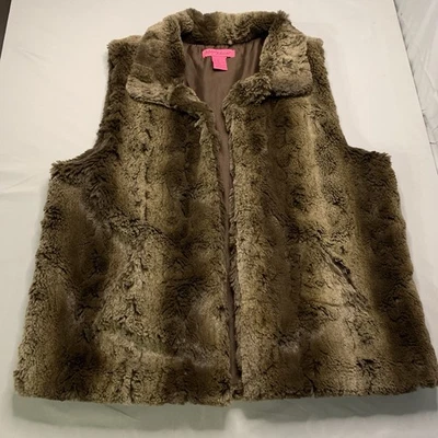 Betsey Johnson Womens Open Brown Faux Fur Vest Size Medium Soft Lined Collared - Image 1 of 4
