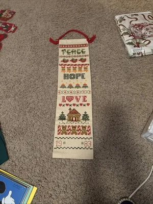 Vtg 1983 Christmas Cross Stitch Tapestry Wall Hanging 28 In X 7 In Needlepoint - Image 1 of 4