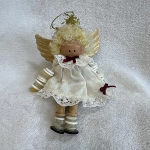 Spool Doll Button Wooden Angel Country Curly Blonde Hair Halo Gold Wings - Picture 1 of 6