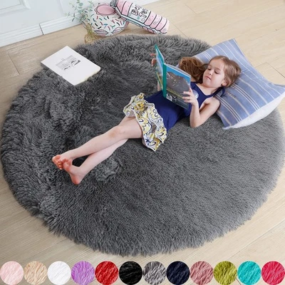 Grey Round Rugs 4Ft for Living Room Bedroom, Fluffy Fuzzy Shag Shaggy Circle ... - Image 1 of 4