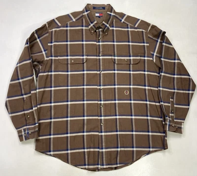 Camisa jeans xadrez masculina vintage Tommy Hilfiger logotipo manga longa marrom GG - Imagem 1 de 4