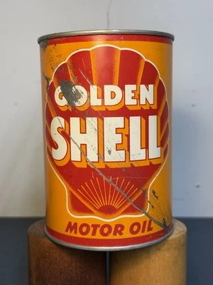 Lata de óleo de motor vintage Golden Shell metal quarto costura soldada original vazia - Imagem 1 de 4
