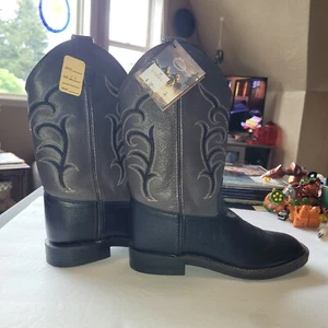 Old West Youth Size 6.5 M Brown Black Leather Cowboy Western Boots Square Toe - Picture 1 of 8