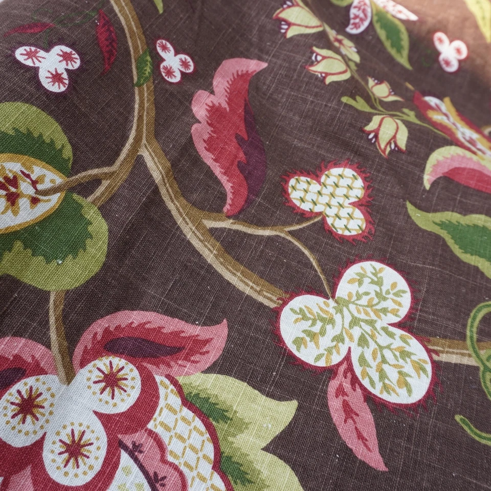Kaufmann Floral Vine Fabric Brown Multicolor Linen Look 54” BTY Soil Stain Rep - Image 1 of 4