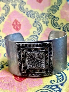 Wide Brushed Silver Cuff Bracelet w  Black/Clear Rhinestone Trimmed Focal Square - Picture 1 of 10