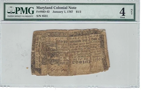 1774 $1/2 D. Maryland January 1, 1767 Good-4 PMG Fr#MD-42 Cover