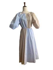 Mudpie Dress Tan And Light Blue Elastic Waist Puff Sleeves size M, NWOT - Picture 1 of 6