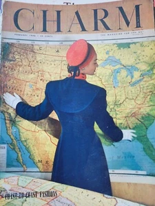 1948 Charm Magazine portada SOLO traje de mujer trasero sombrero mapa de Estados Unidos moda vintage - Imagen 1 de 1