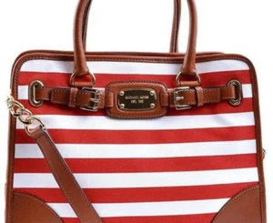 🌞MICHAEL KORS HAMILTON LARGE RED WHITE STRIPE BROWN LEATHER TOTE BAG PURSE🌺NWT - Picture 1 of 7