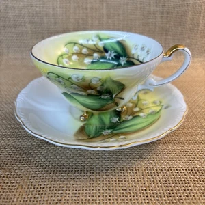 Vtg Norcrest Hand Painted Lily of the Valley Teacup & Saucer Footed Gold Trim - Picture 1 of 7