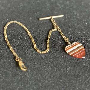 Antique Gold-Filled Albert T Chain w/ Heart Shaped Agate A&Z Marked 13.7g - Picture 1 of 8