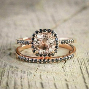 2Ct Round Cut Simulated Morganite Bridal Ring Set 14K Rose Gold Plated - Picture 1 of 8