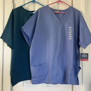Lot 2 Cherokee Scrub Tops Style 4700 Women 2XL V-Neck Blue Teal Carw NWT - Picture 1 of 19