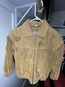 Signed Vintage Giacca Young Country Music Brown Fringe Leather Jacket Medium - Picture 1 of 8