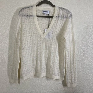 Saintart Women's Size Large Wren Pointelle Knit V Neck Sweater in Ivory NEW - Picture 1 of 10