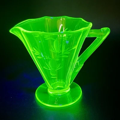 Vintage Green Depression Tea Room Art Deco Creamer Etched Floral - Image 1 of 4