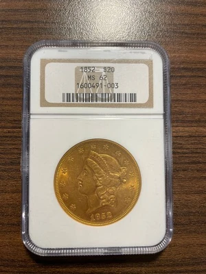 1852 Liberty Head $20 veinte dólares oro doble águila NGC MS 62 tipo 1, sin lema Foto 1 de 4
