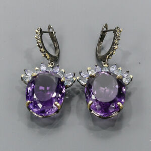 34ct+ Vintage Natural Amethyst Earrings Silver 925 Sterling   /E64694